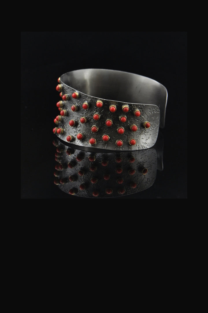 Red Coral Cuff Bracelet in Oxidized Sterling Silver | Sivalya
