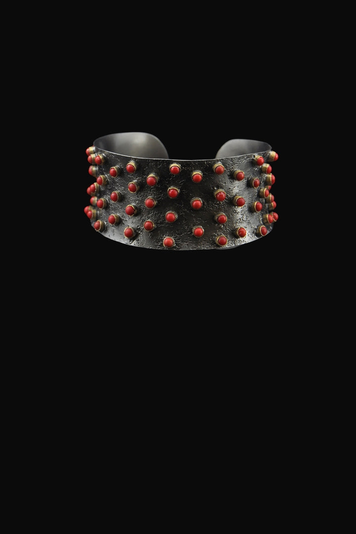 Red Coral Cuff Bracelet in Oxidized Sterling Silver | Sivalya