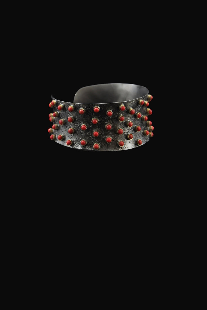 Red Coral Cuff Bracelet in Oxidized Sterling Silver | Sivalya