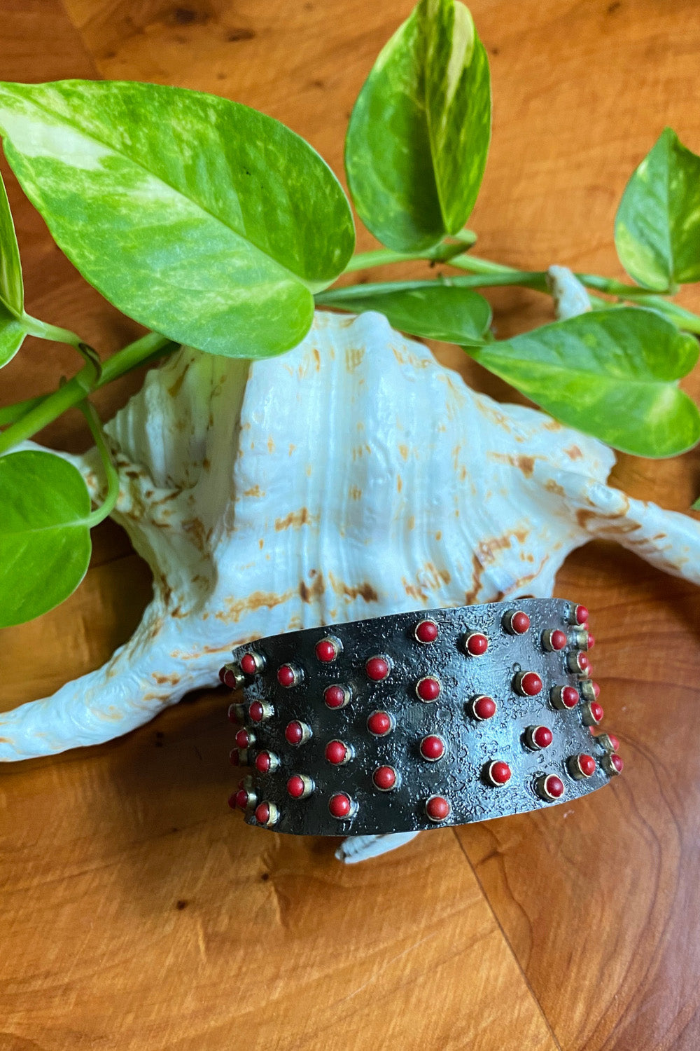 Red Coral Cuff Bracelet in Oxidized Sterling Silver | Sivalya