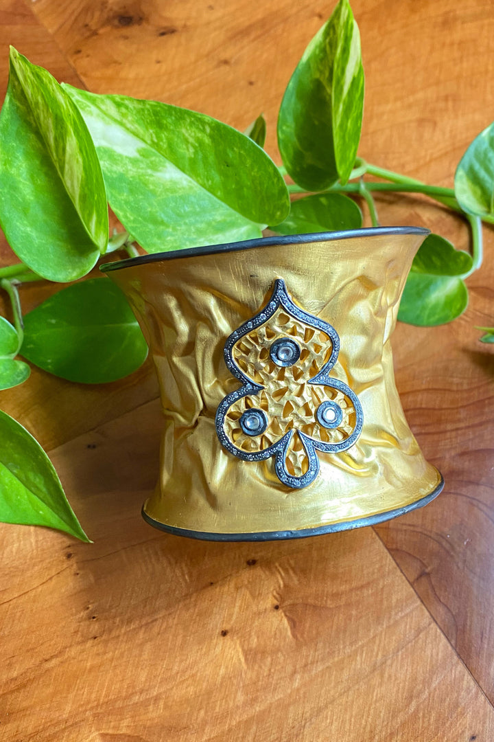 Diamond Studded Paisley Cuff Bracelet in Textured Gold | Sivalya