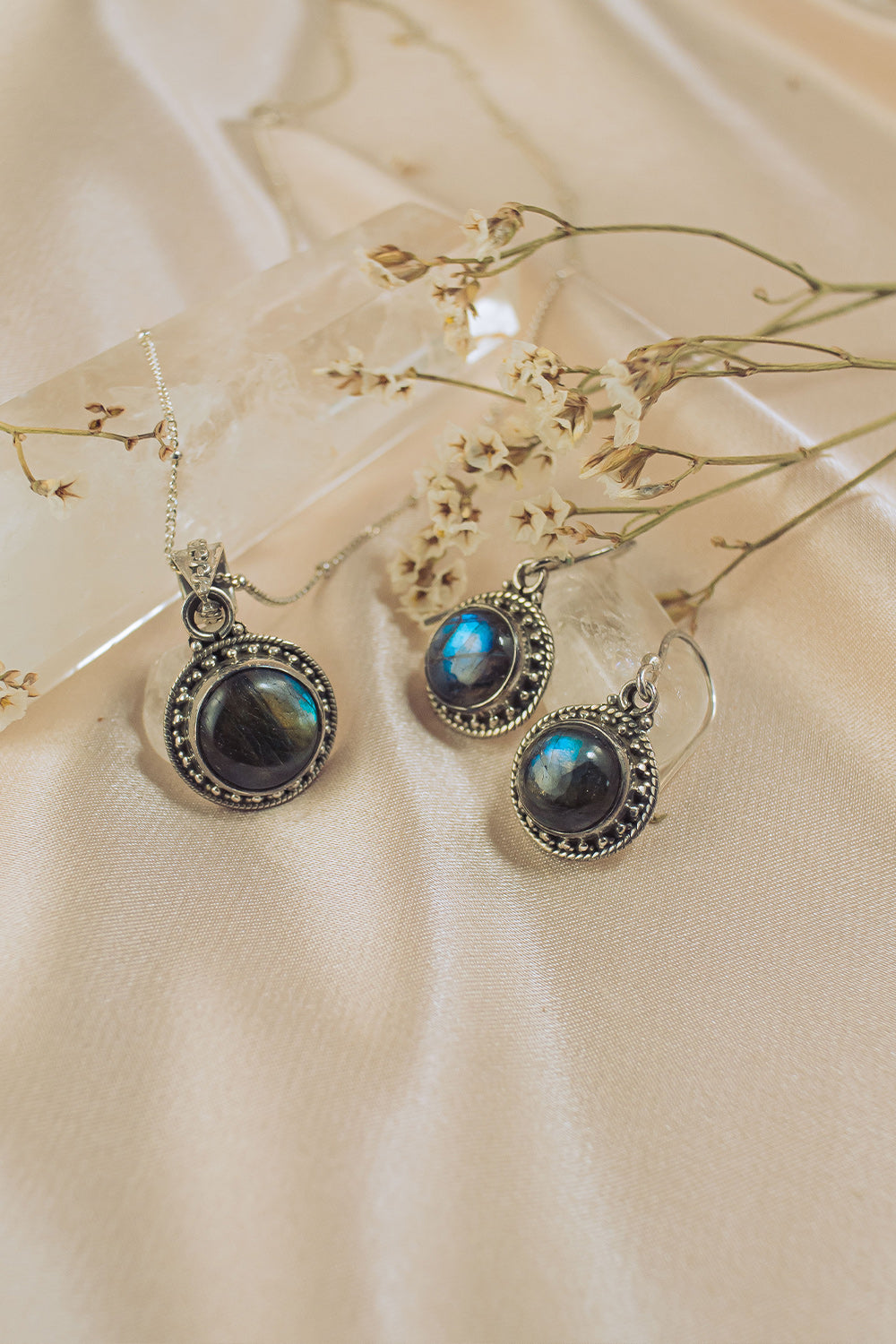 Sivalya Labradorite Silver Necklace and Earrings Jewelry Set - Aurora