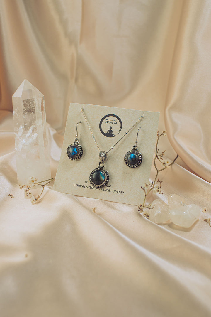 Sivalya Labradorite Silver Necklace and Earrings Jewelry Set - Aurora