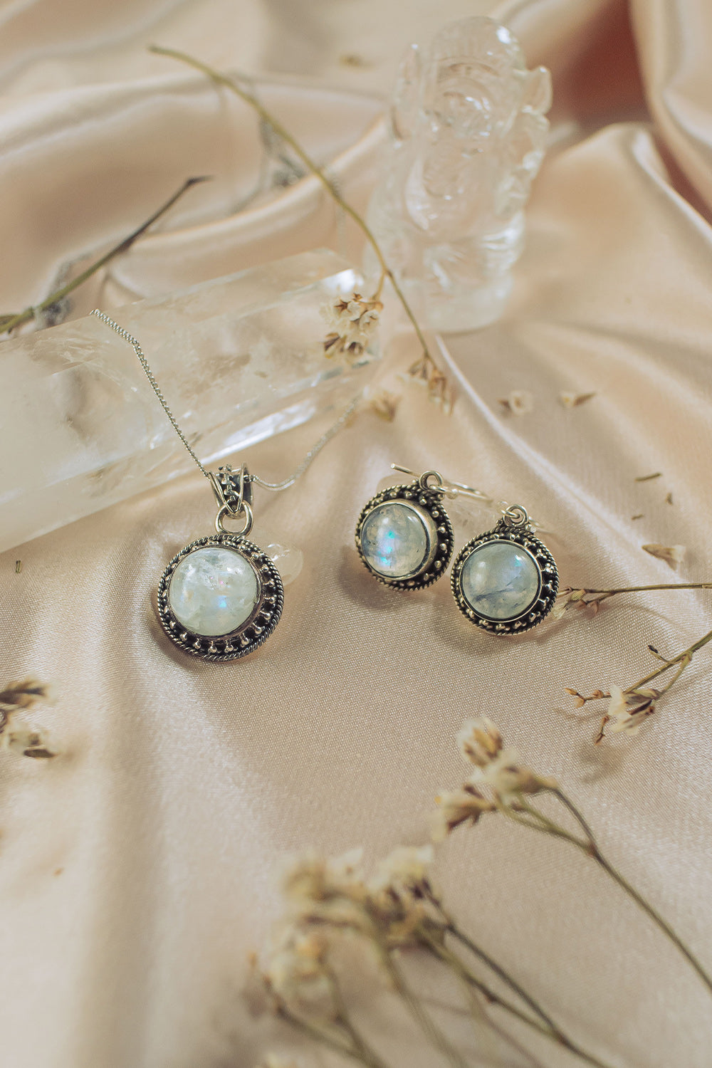 Sivalya Moonstone Silver Necklace and Earrings Jewelry Set - Aurora