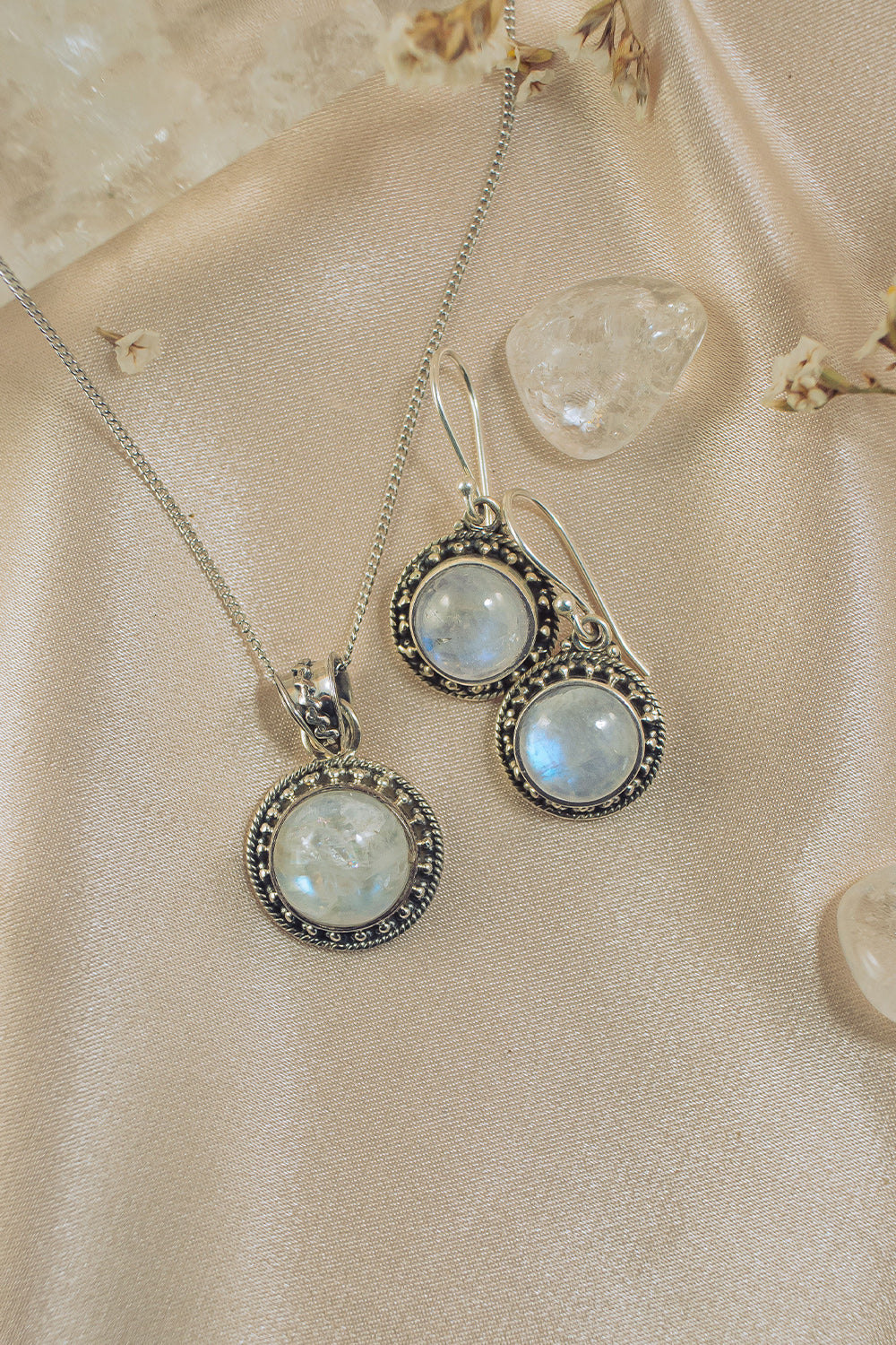 Sivalya Moonstone Silver Necklace and Earrings Jewelry Set - Aurora