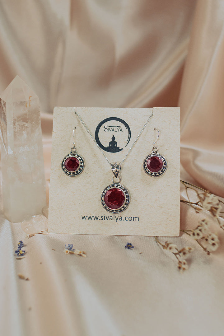 Sivalya Raw Ruby Silver Necklace and Earrings Jewelry Set - Aurora