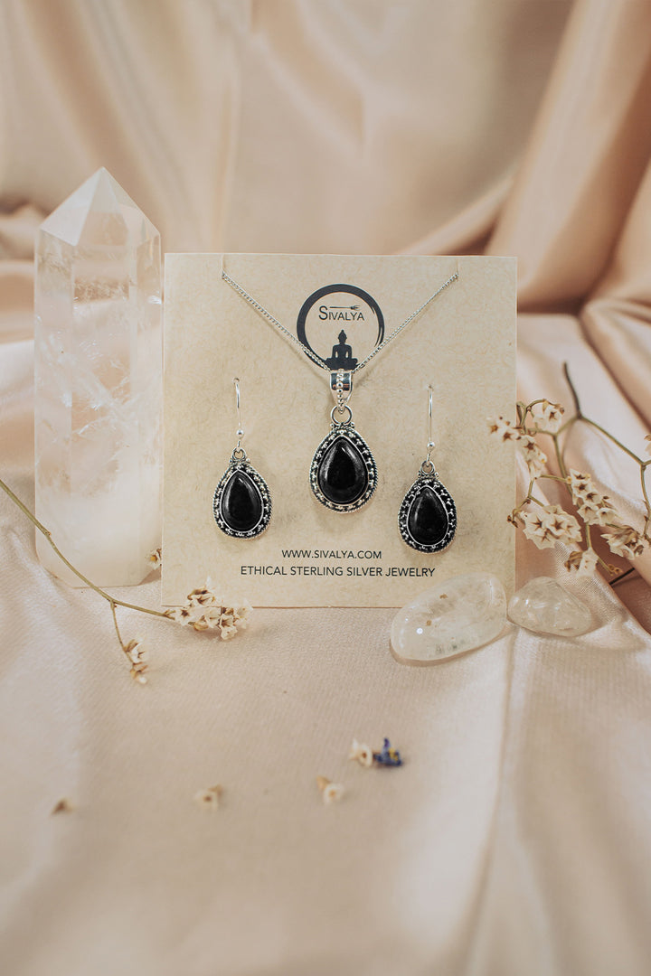 Sivalya Black Onyx Necklace and Earrings Set Sterling Silver - Amalfi