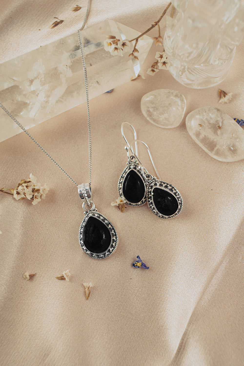 Sivalya Black Onyx Necklace and Earrings Set Sterling Silver - Amalfi