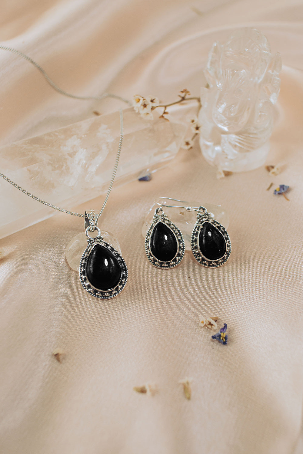Sivalya Black Onyx Necklace and Earrings Set Sterling Silver - Amalfi