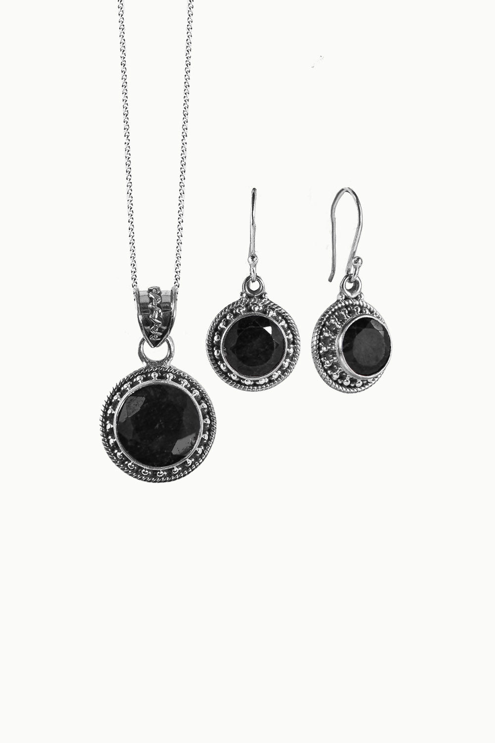 Sivalya Black Onyx Silver Necklace and Earrings Jewelry Set - Aurora