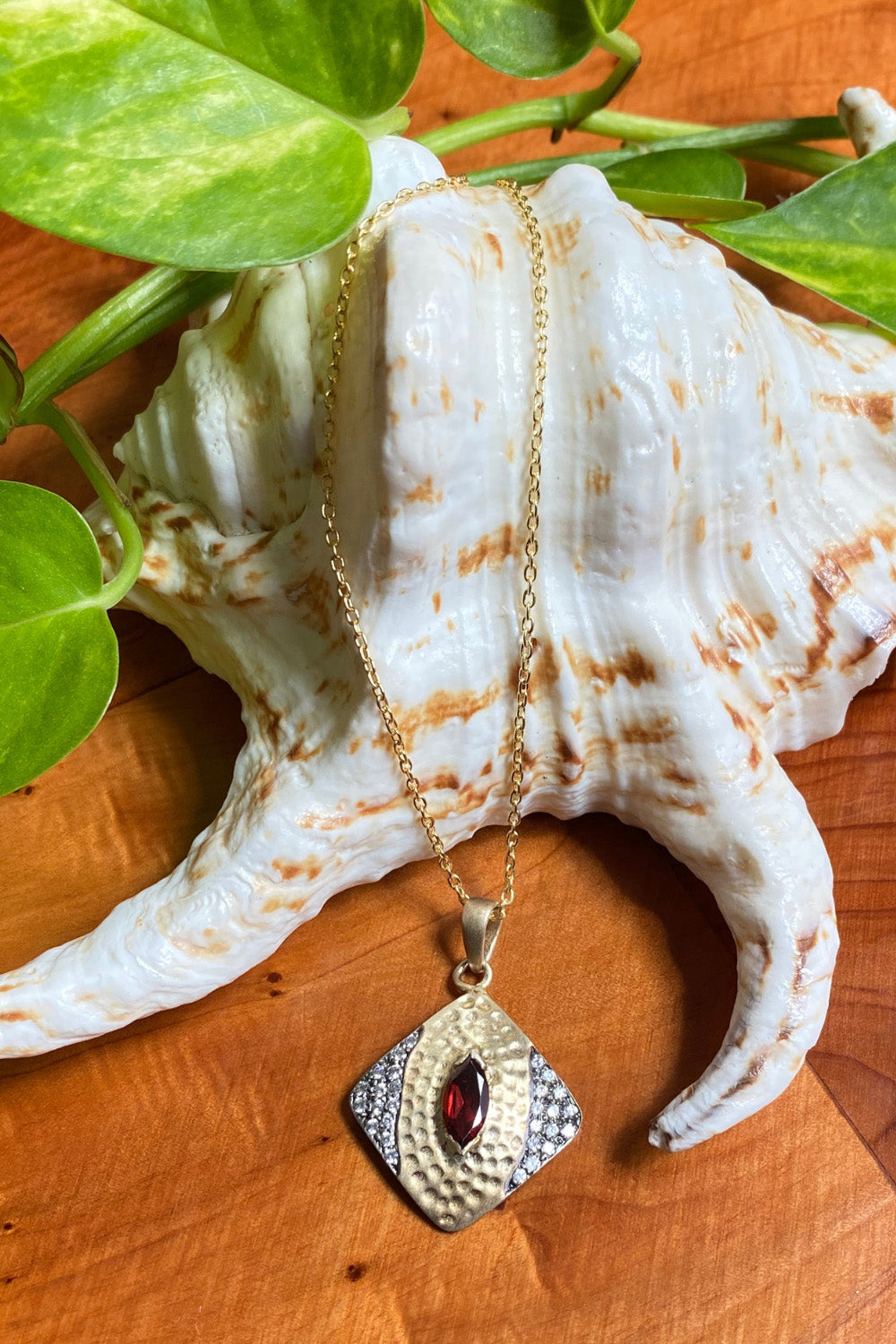 Radiant Garnet and Polki Diamond Two-Tone Gold Pendant Necklace | Sivalya