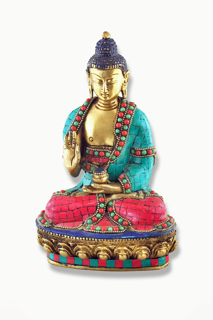 Sivalya Buddha Blessings Statue with Turquoise & Coral Mosaic Detailing