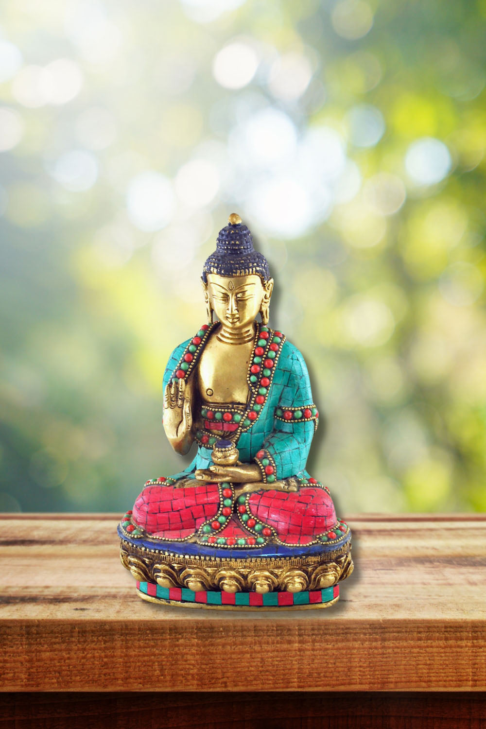 Sivalya Buddha Blessings Statue with Turquoise & Coral Mosaic Detailing