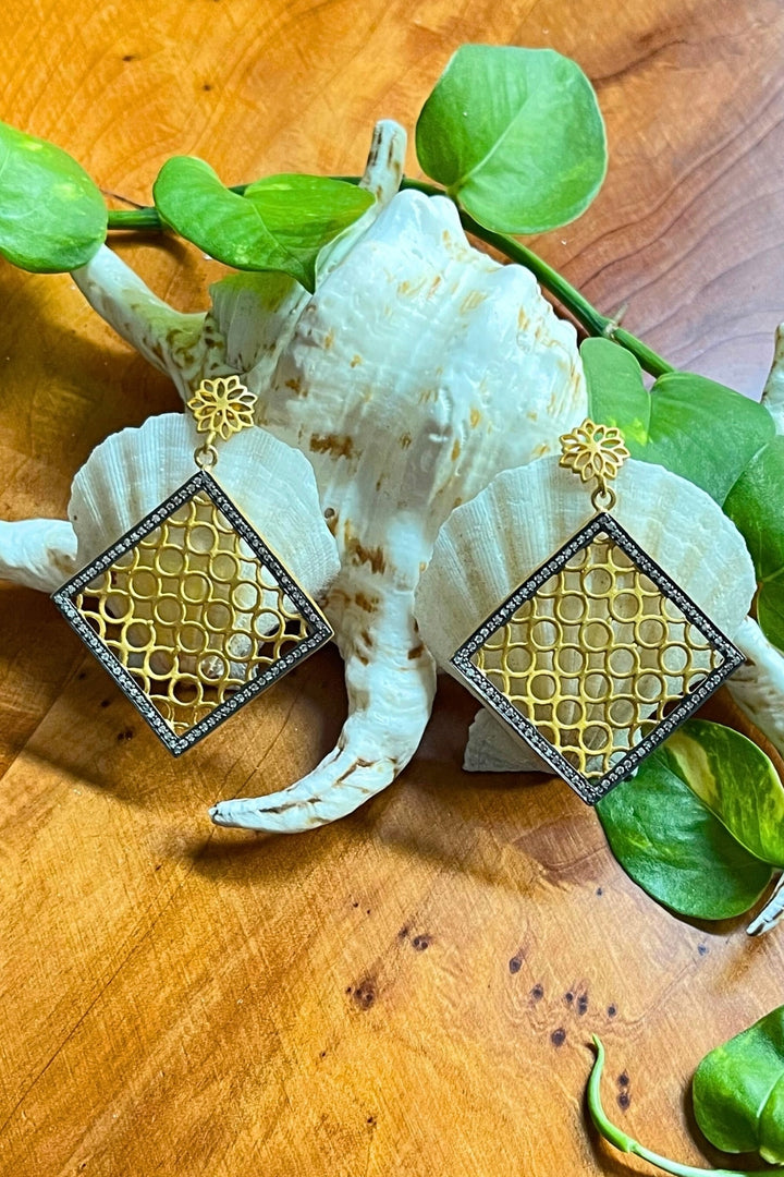 Contemporary Polki Diamonds Filigree Earrings in Gold | Sivalya