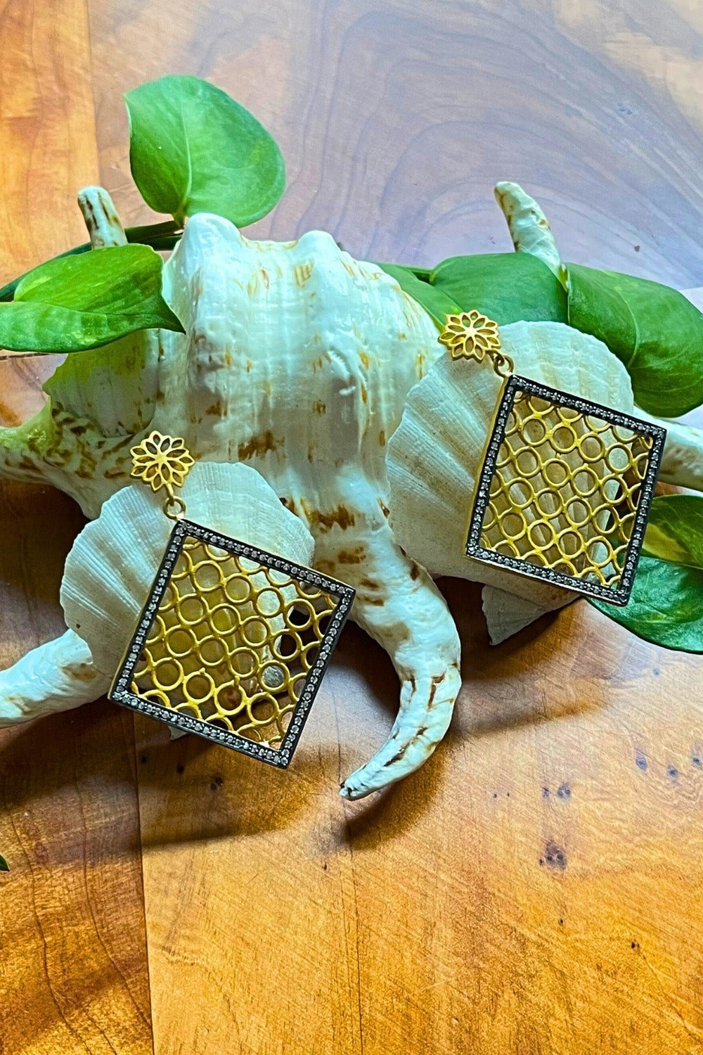 Contemporary Polki Diamonds Filigree Earrings in Gold | Sivalya