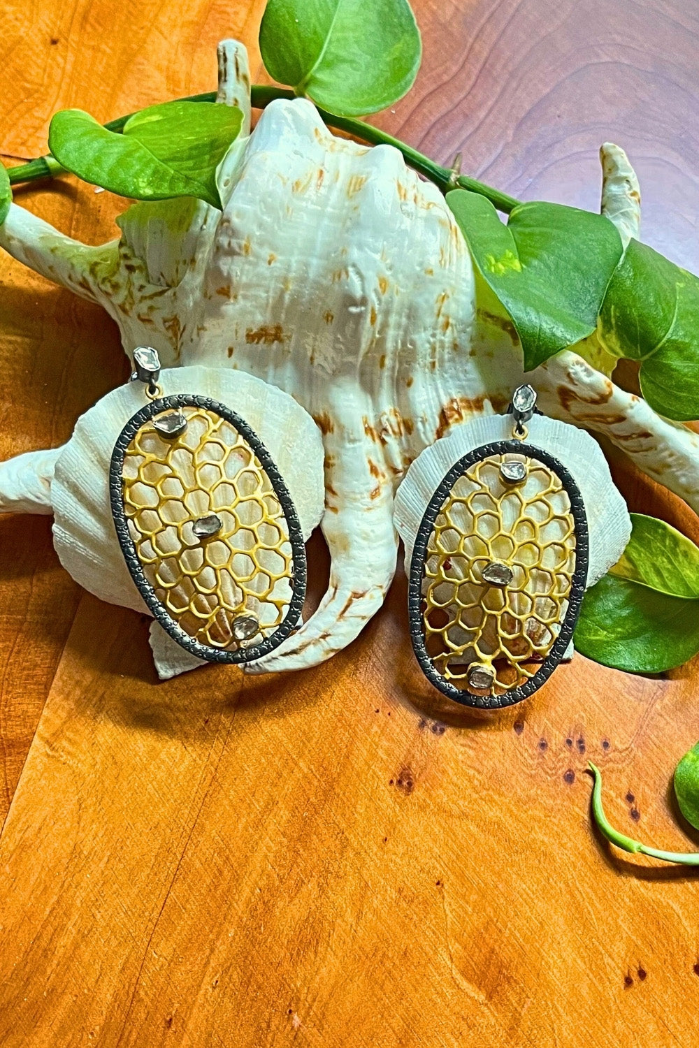 Gold Vermeil Two-Tone Filigree Earrings with Polki Diamonds | Sivalya