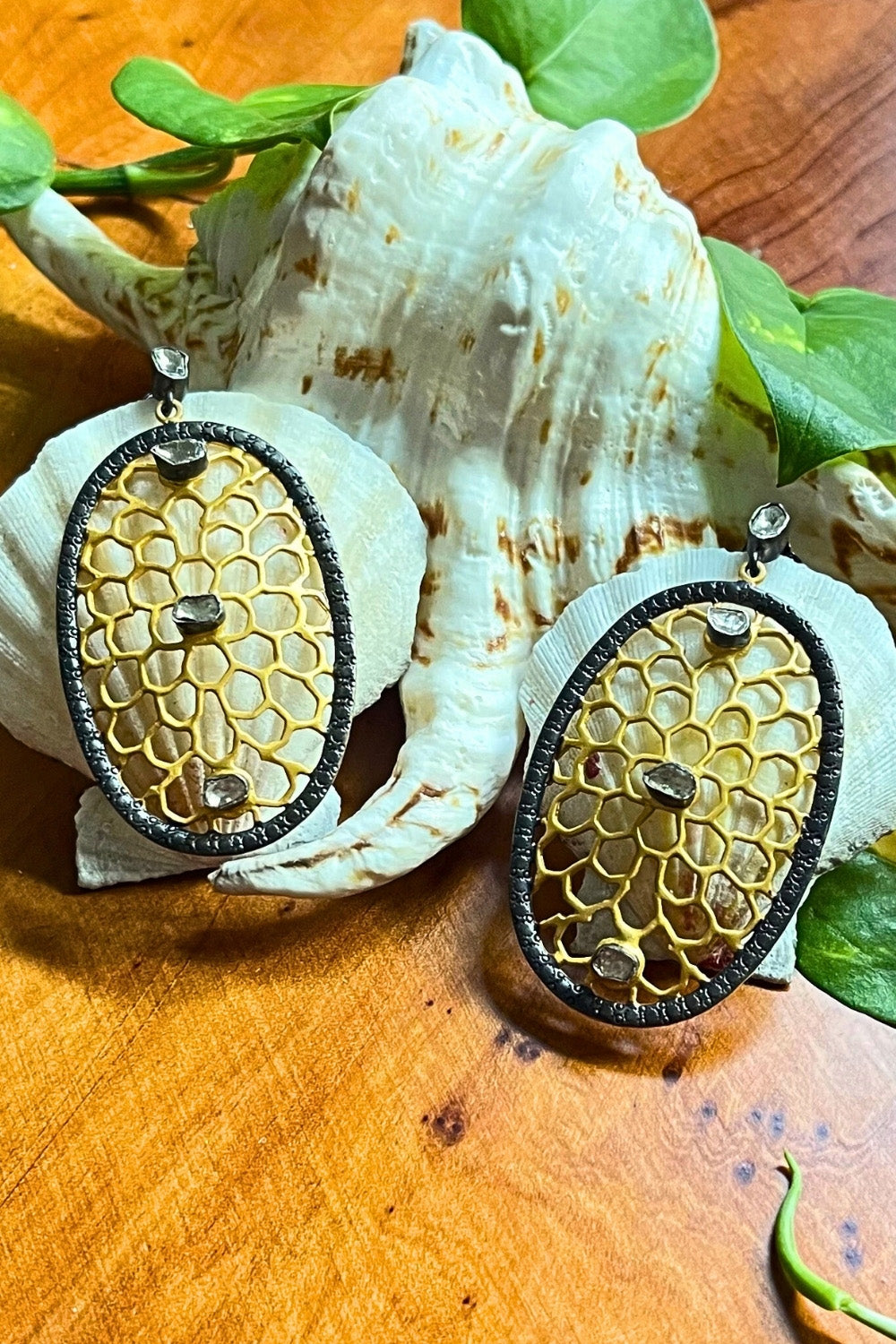 Gold Vermeil Two-Tone Filigree Earrings with Polki Diamonds | Sivalya