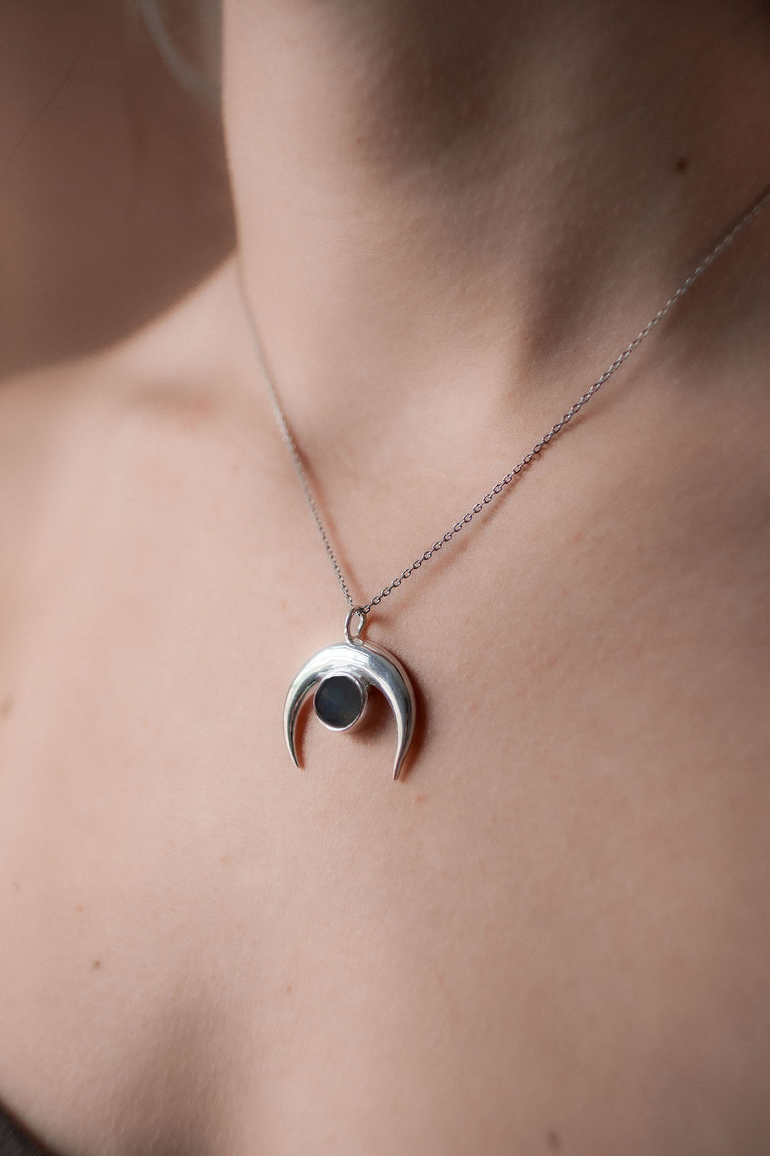 Black Onyx Silver Necklace - Crescent Moon