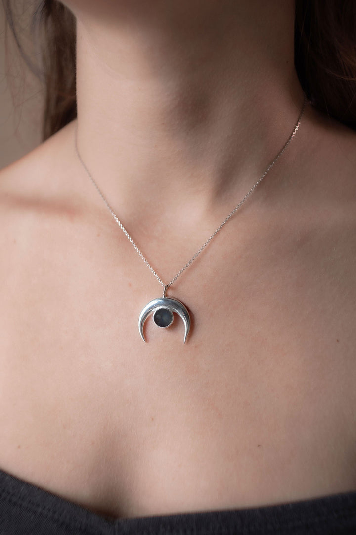 Black Onyx Silver Necklace - Crescent Moon