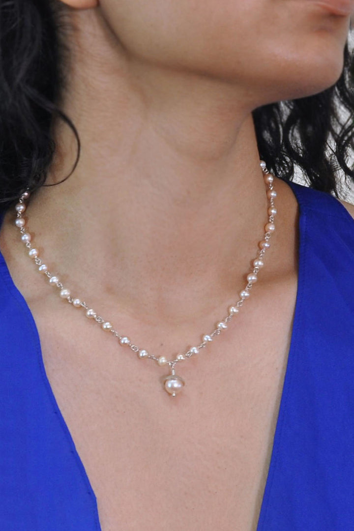 Sivalya Dainty Pearl Drop Necklace Sterling Silver - Peach