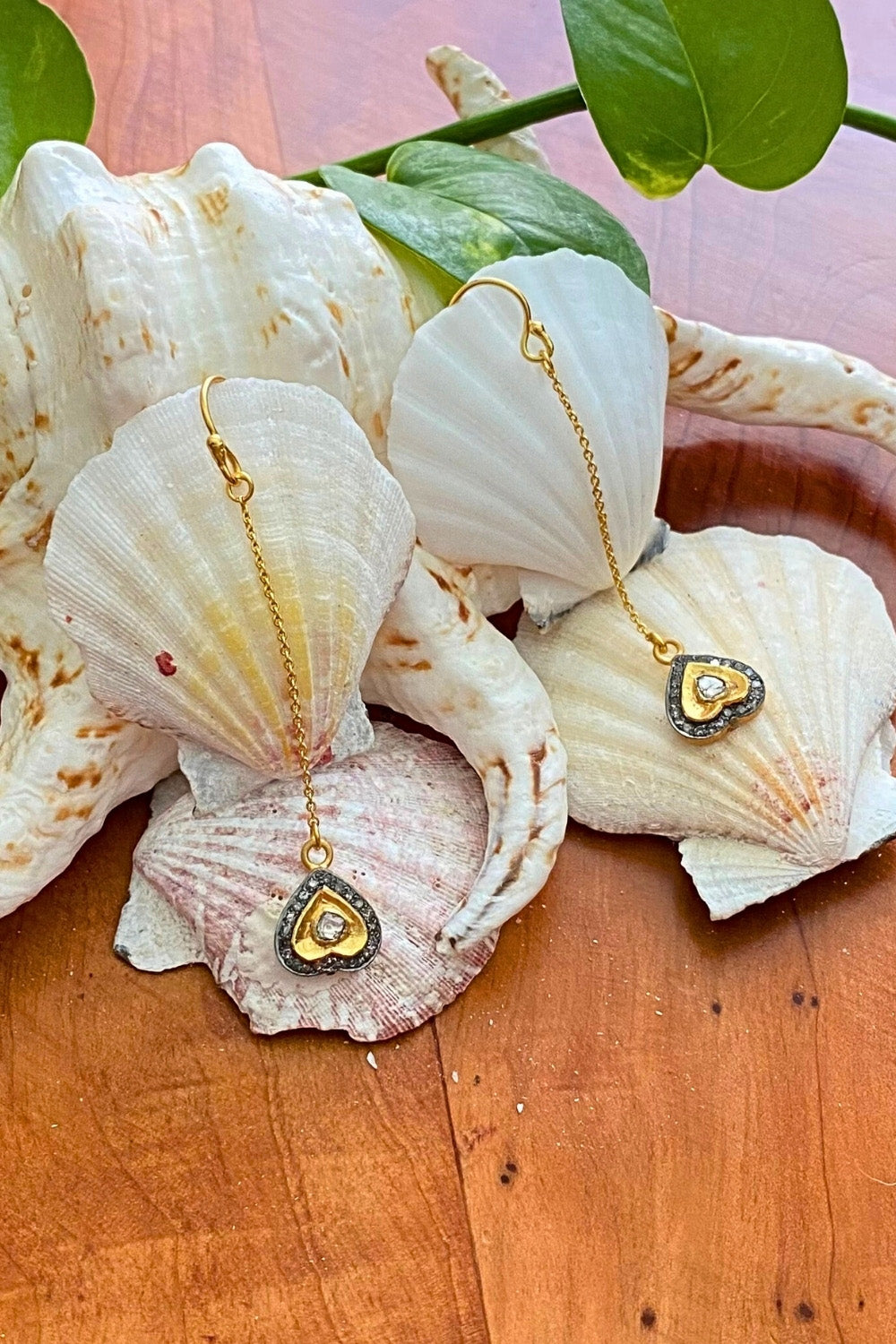 Heart Diamonds and Gold Long Dangle Drop Earrings | Sivalya