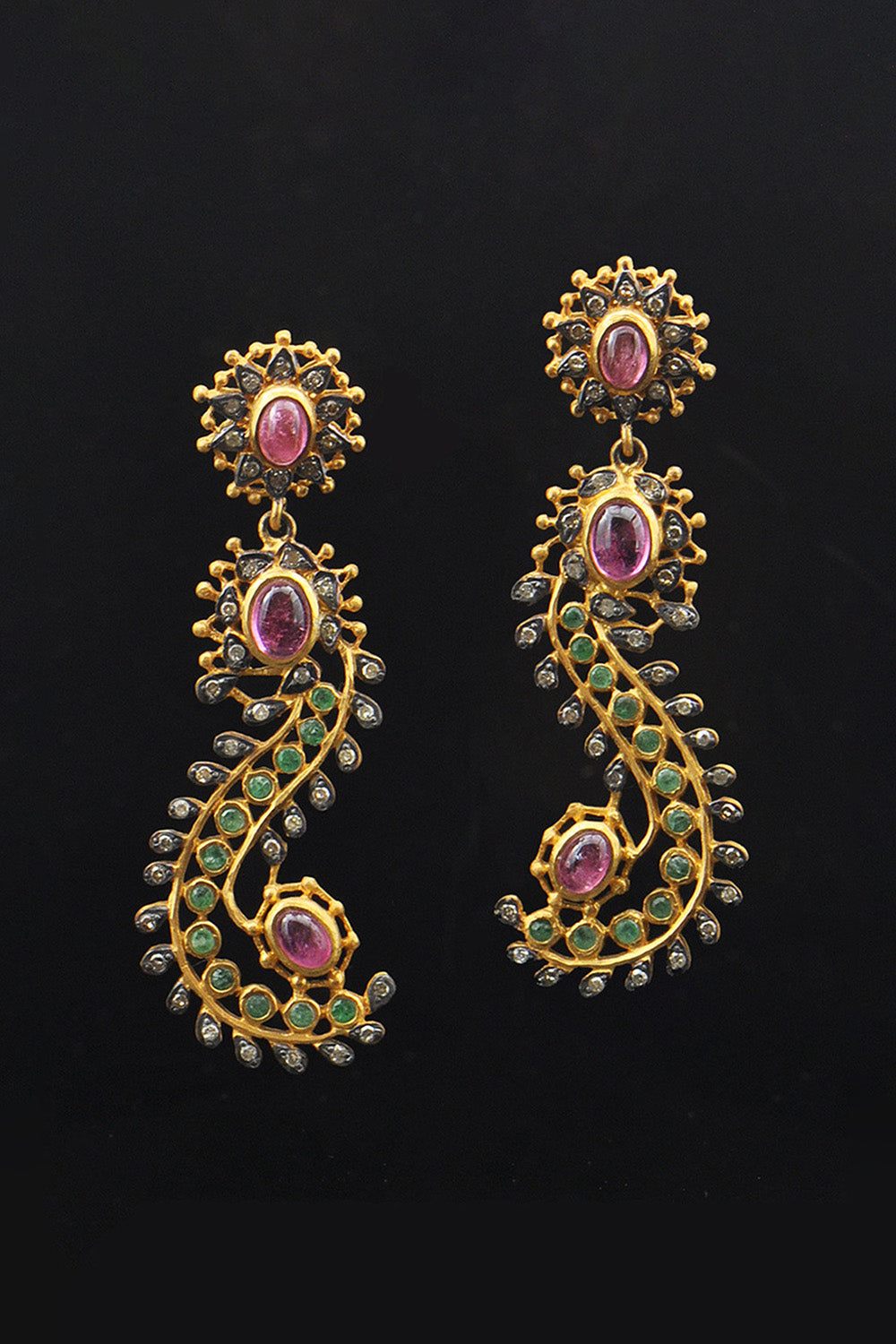 Tourmaline, Emerald and Diamond Swirl Earrings Gold | Sivalya