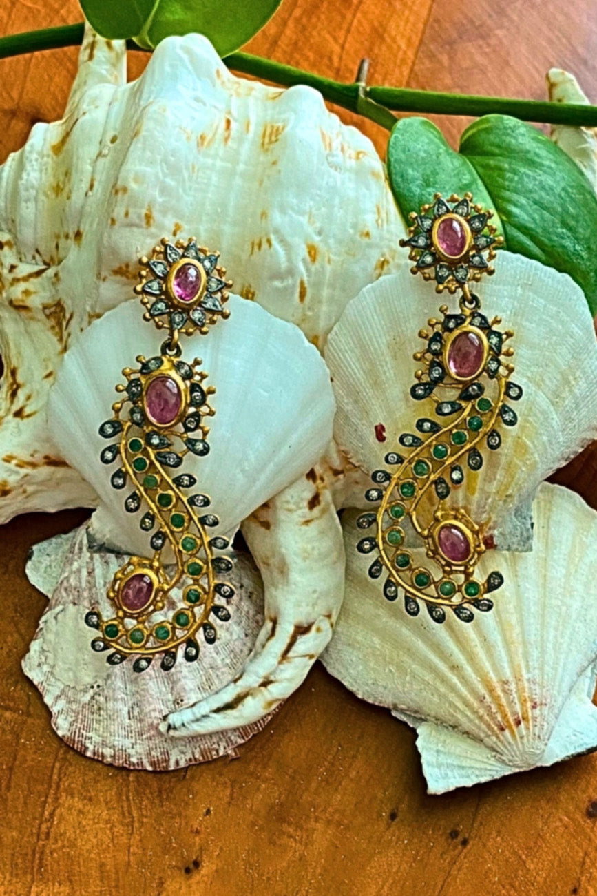 Tourmaline, Emerald and Diamond Swirl Earrings Gold | Sivalya
