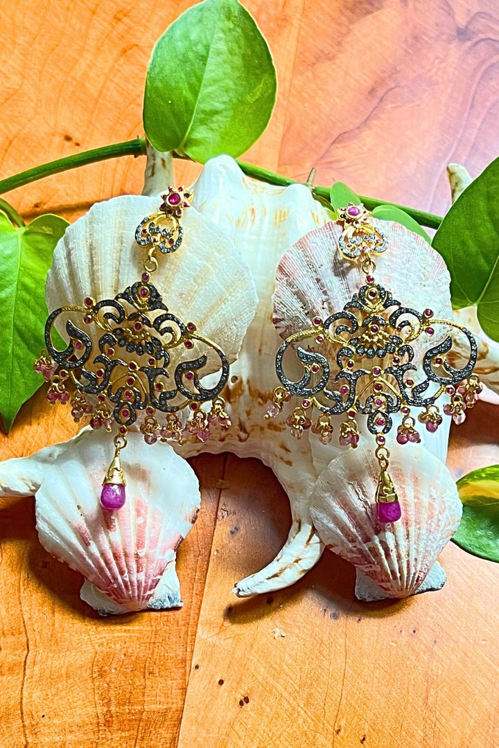 Diamonds and Ruby Briolettes Chandelier Earrings Gold | Sivalya