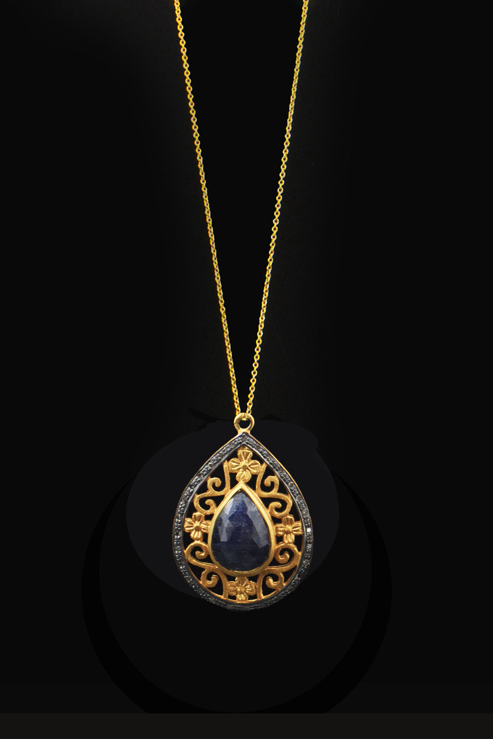 Sapphire and Diamonds Teardrop Pendant Necklace Filigree Gold | Sivalya