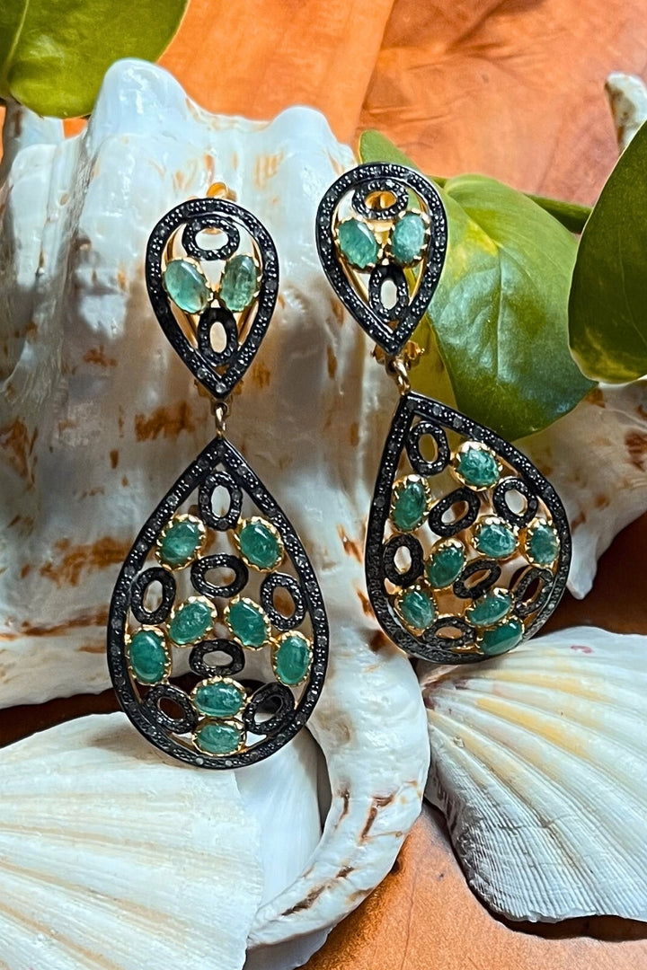 Royale Emerald Cabochons and Diamond Earrings Gold | Sivalya