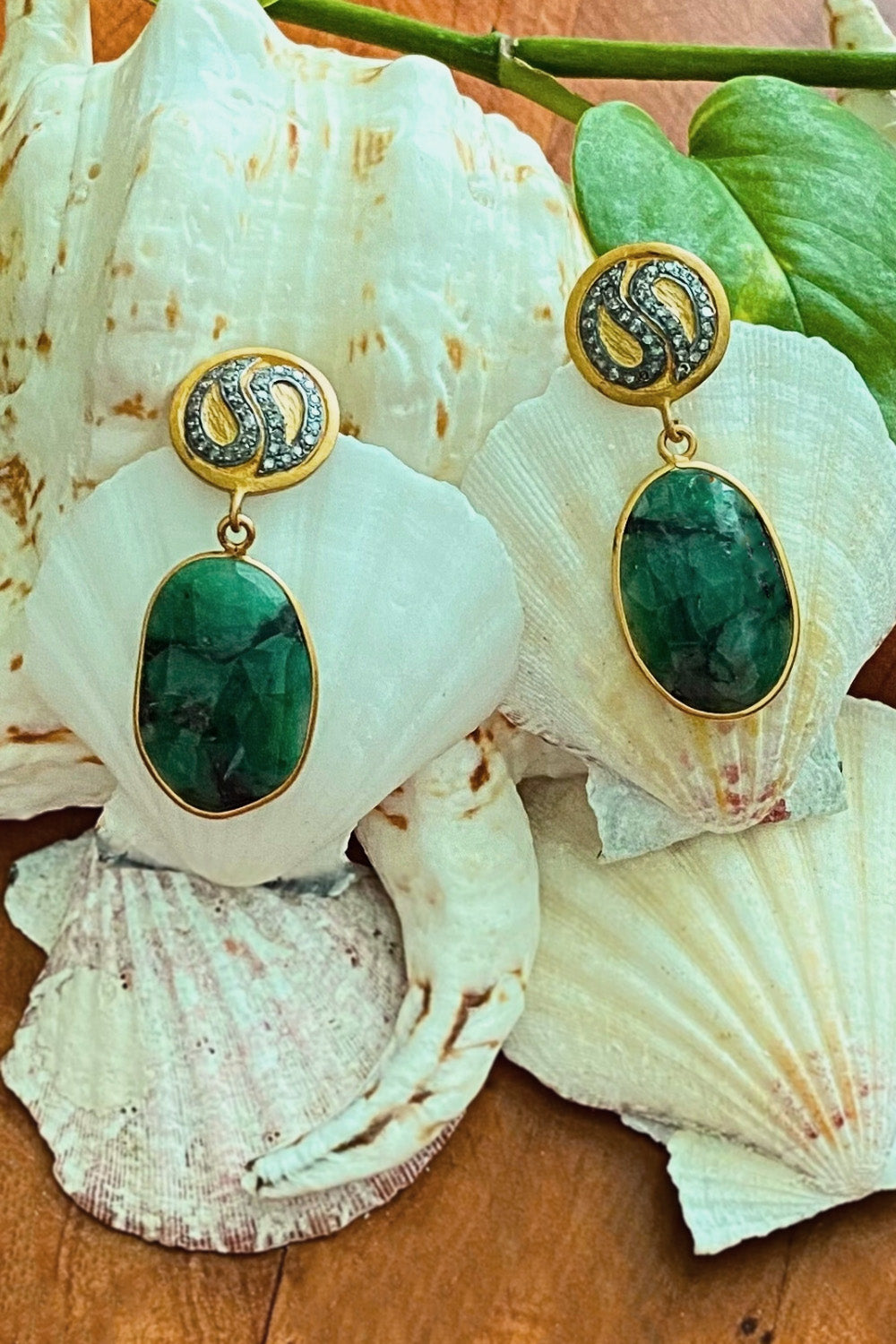Natural Emerald Slice and Diamond Gold Dangle Earrings | Sivalya