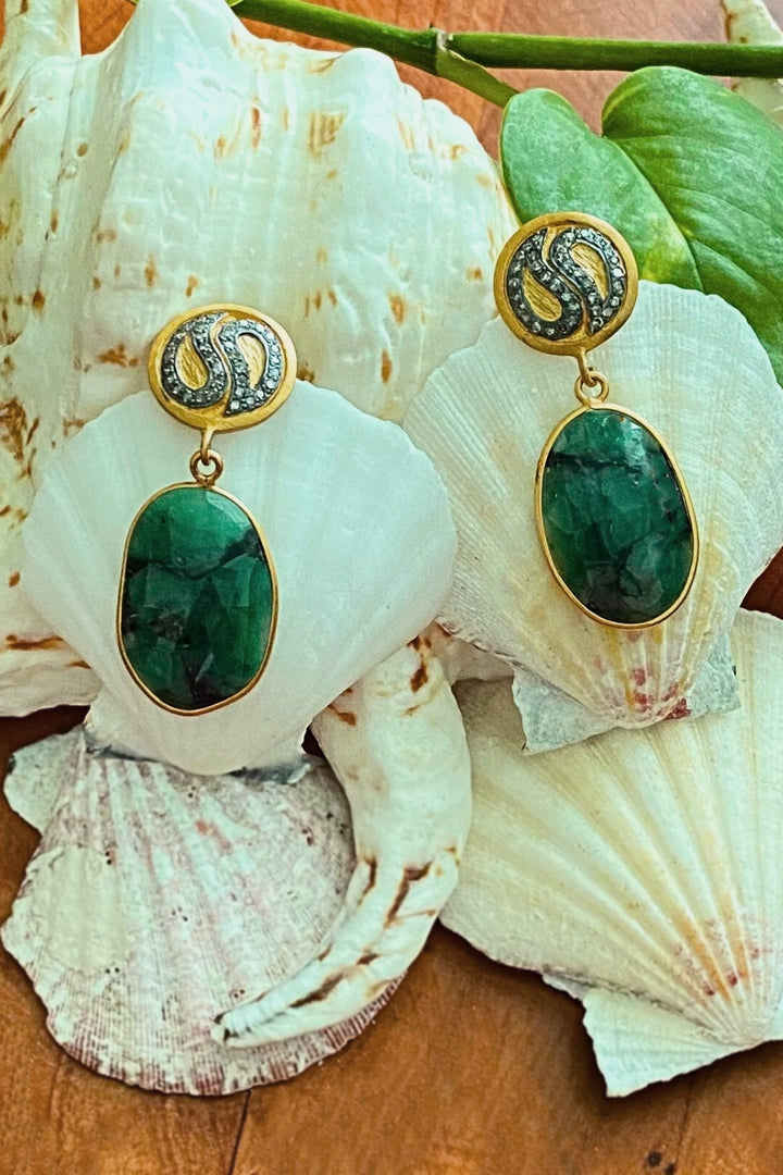 Natural Emerald Slice and Diamond Gold Dangle Earrings | Sivalya