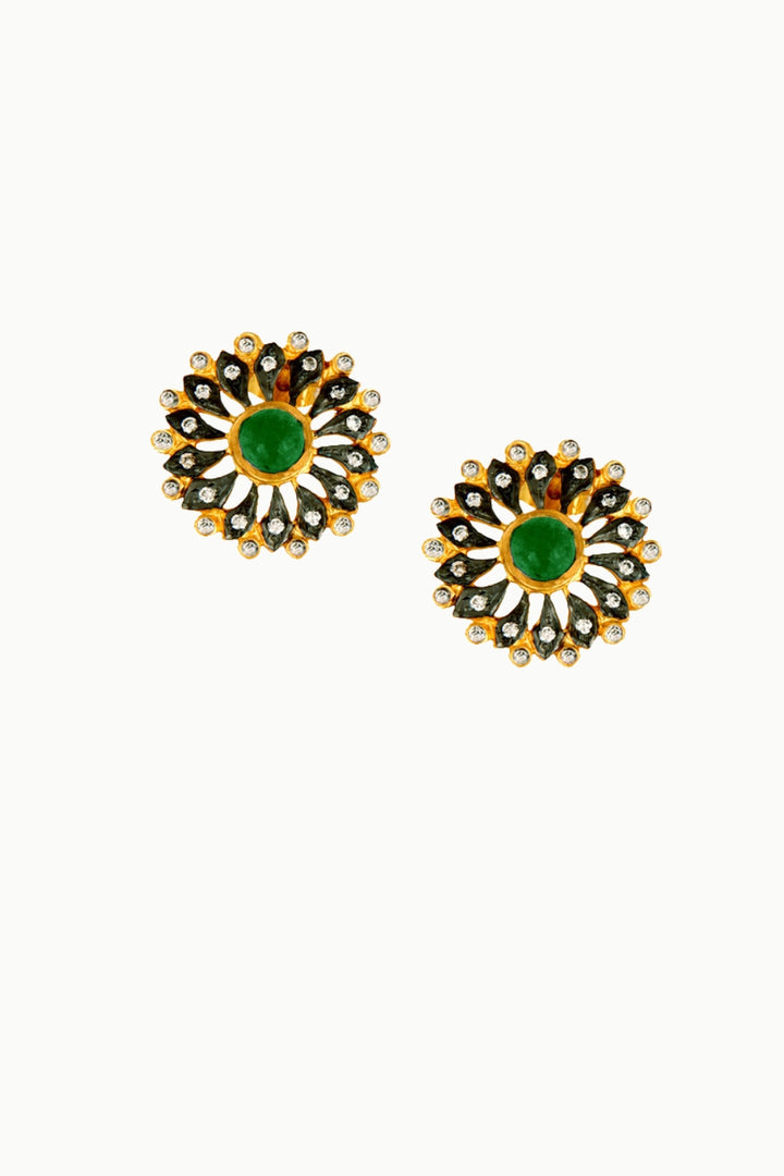 Blossom Emerald and Diamond Flower Stud Earrings Gold