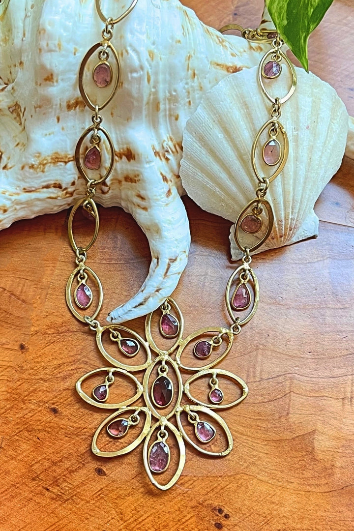 Enchanting Floral Pink Tourmaline Drop Necklace in Gold | Sivalya