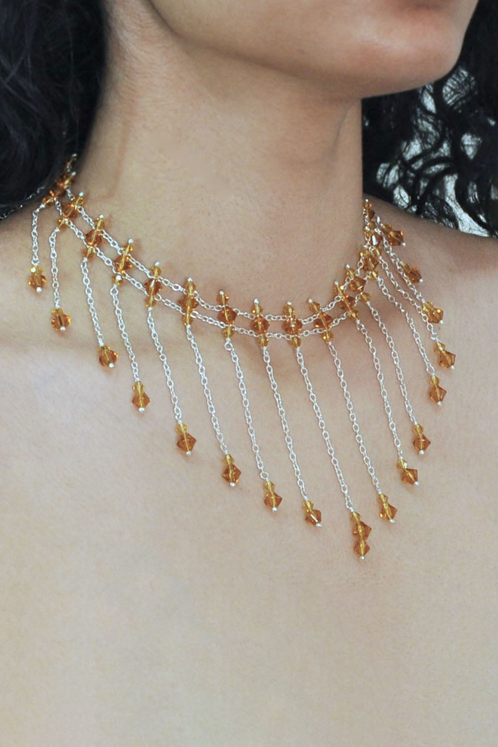 Sivalya Exquisite Golden Swarovski Crystals Cascading Choker Sterling Silver