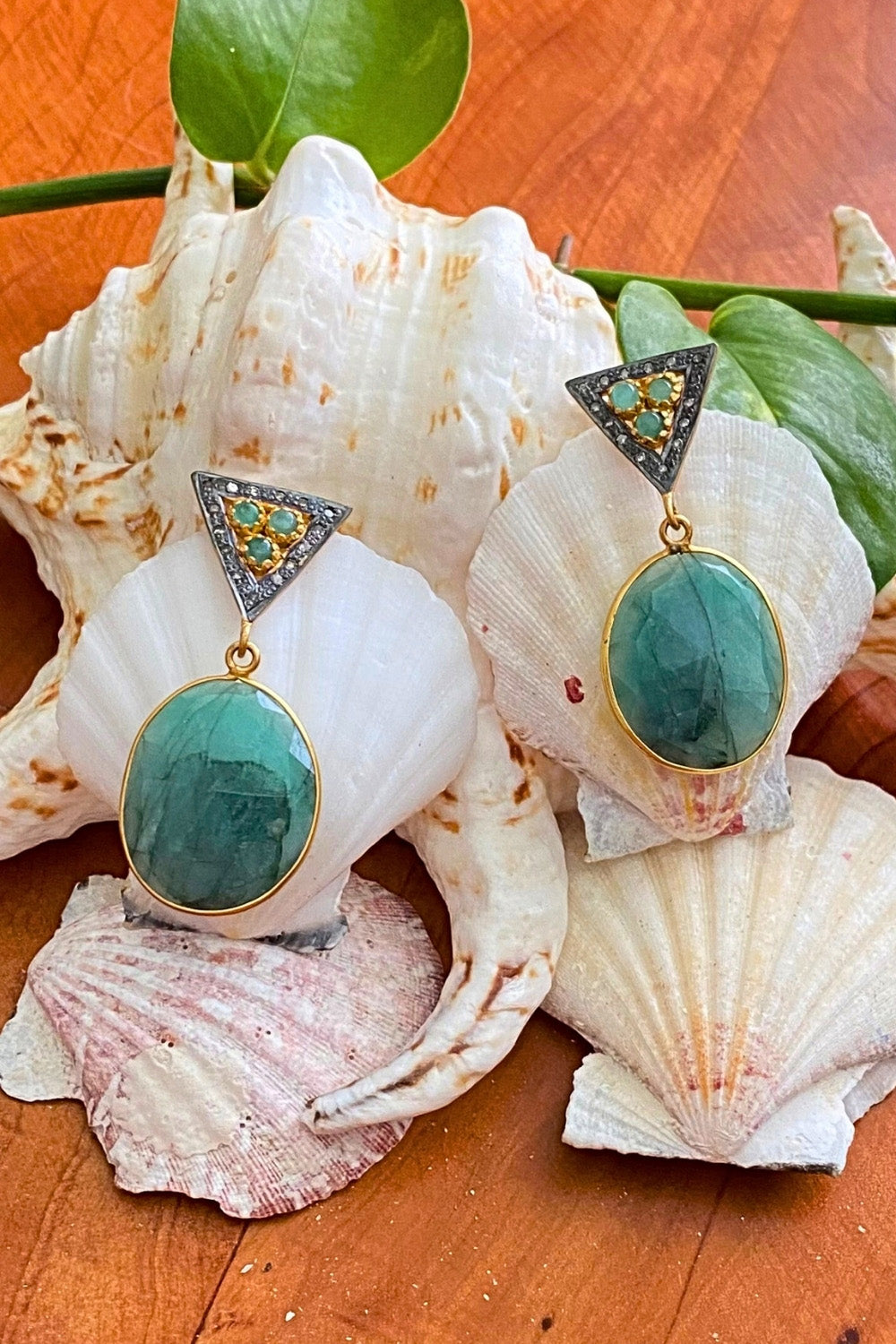 Raw Emerald Slice and Diamond Gold Dangle Earrings | Sivalya