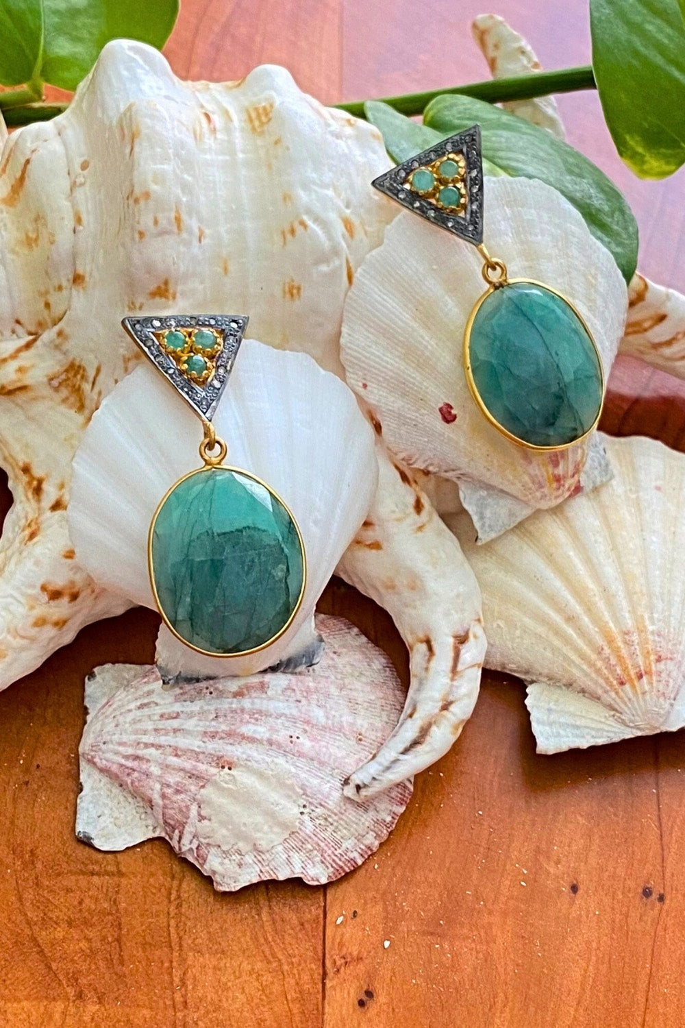 Raw Emerald Slice and Diamond Gold Dangle Earrings | Sivalya