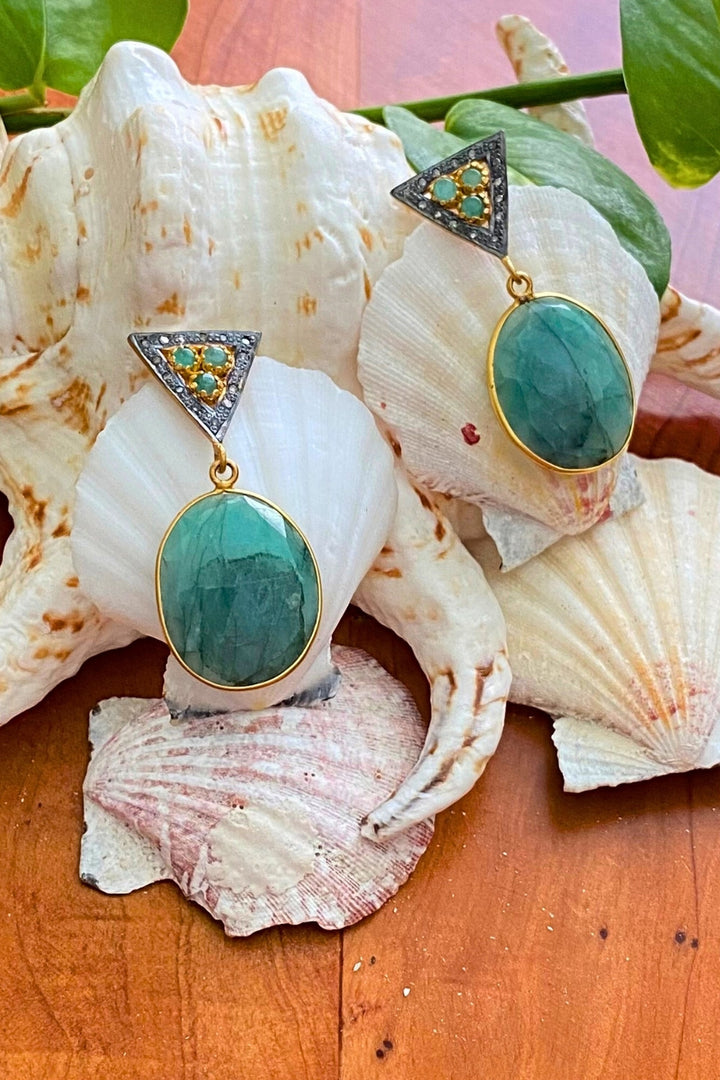 Raw Emerald Slice and Diamond Gold Dangle Earrings | Sivalya