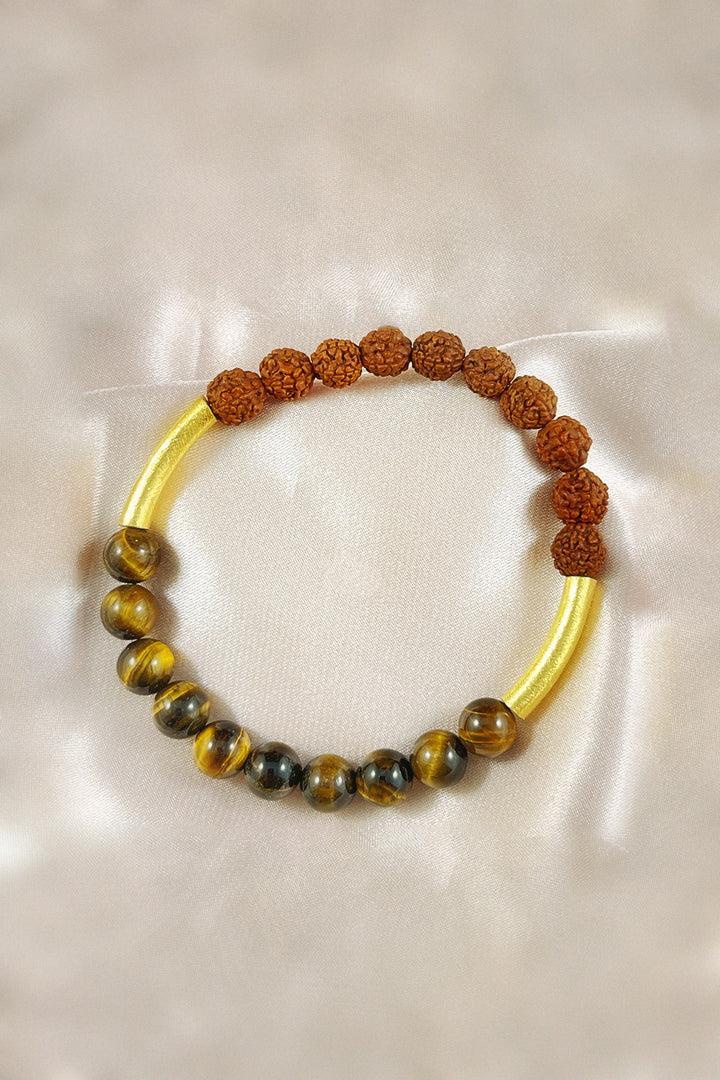 Sivalya Guided by Wisdom Wrist Mala Rudraksha and Tigers Eye Gold