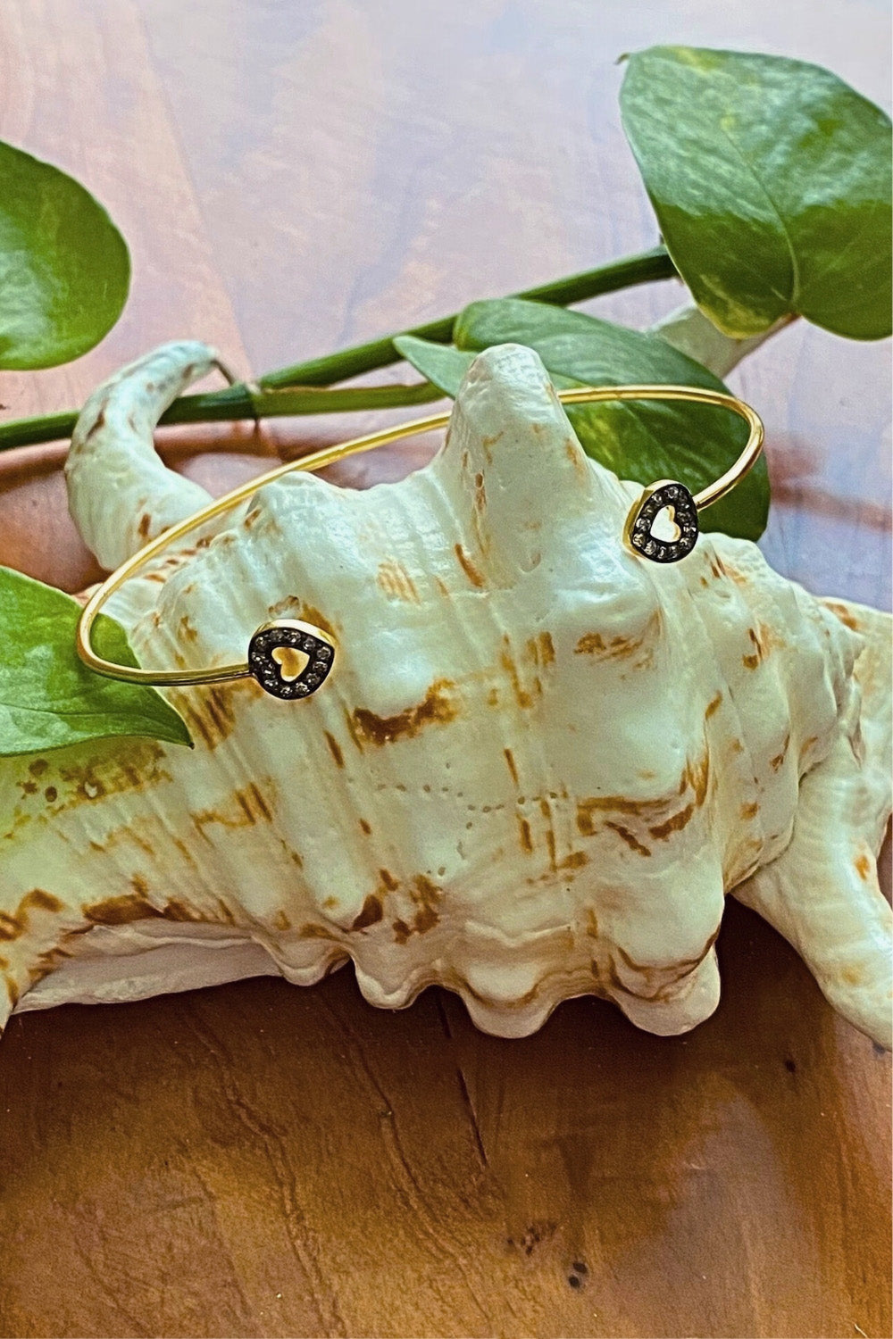 Two Hearts Gold and Diamonds Cuff Bangle Bracelet | Sivalya