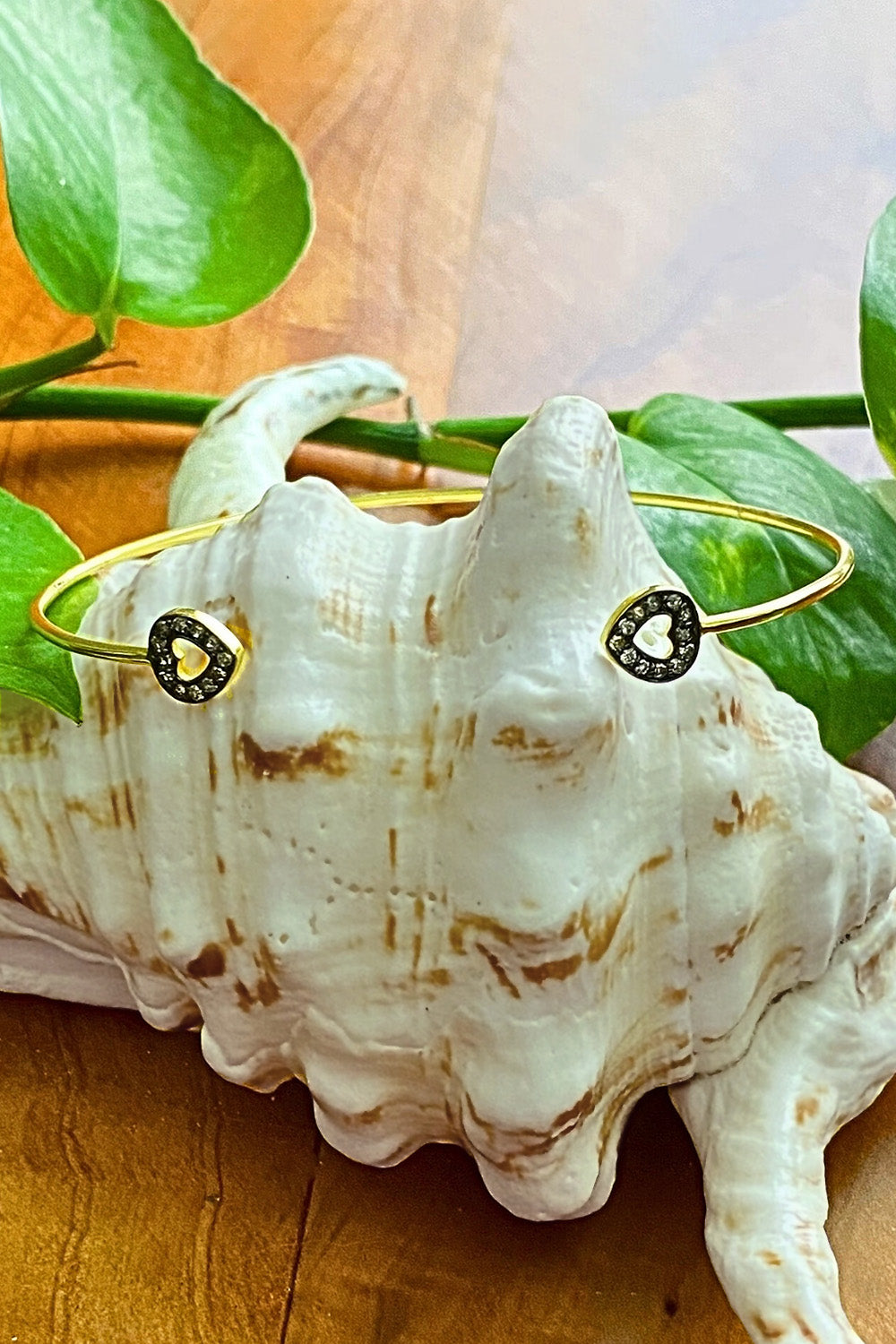 Two Hearts Gold and Diamonds Cuff Bangle Bracelet | Sivalya