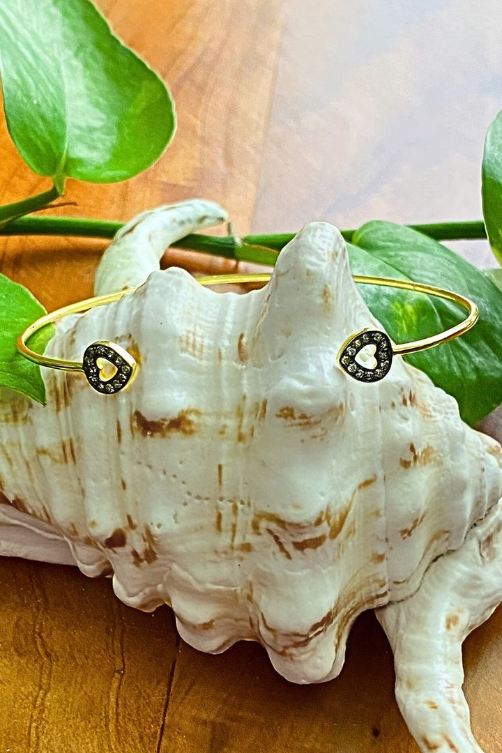 Two Hearts Gold and Diamonds Cuff Bangle Bracelet | Sivalya
