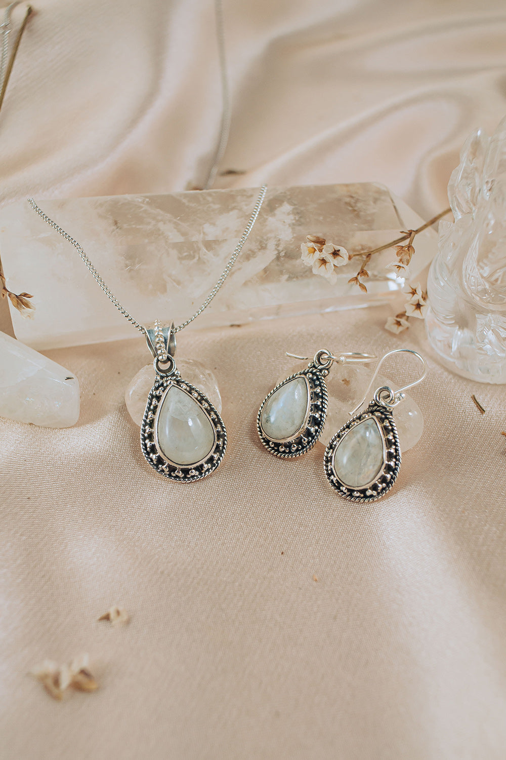 Sivalya Moonstone Necklace and Earrings Set Sterling Silver - Amalfi