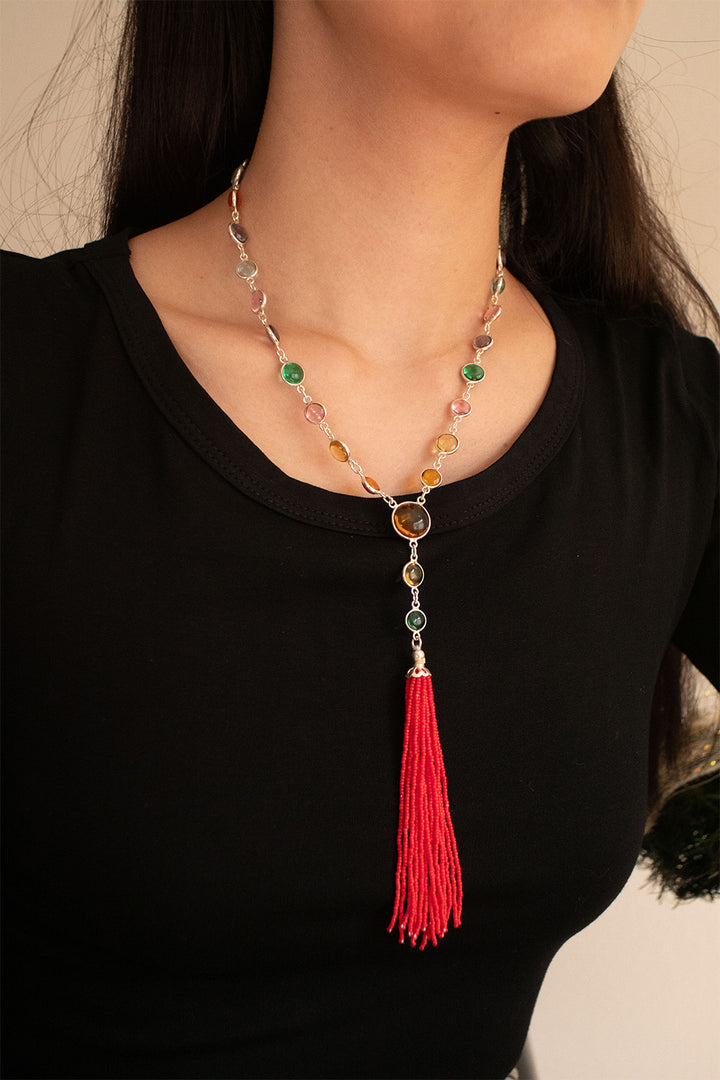 Sivalya Y-drop Multi Quartz Lariat Tassel Necklace