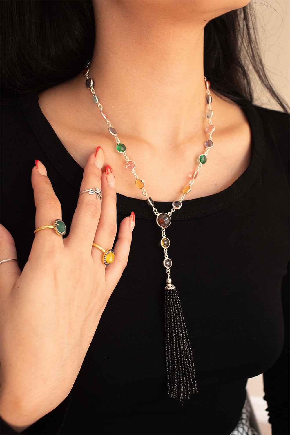 Sivalya Y-drop Multi Quartz Lariat Tassel Necklace