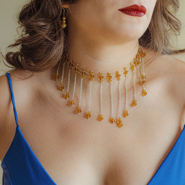 Sivalya Exquisite Golden Swarovski Crystals Cascading Choker Sterling Silver