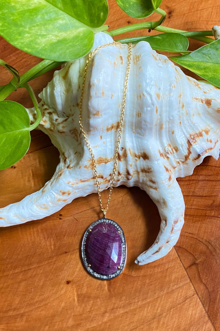 Natural Oval Ruby and Diamond Pendant Necklace Gold | Sivalya