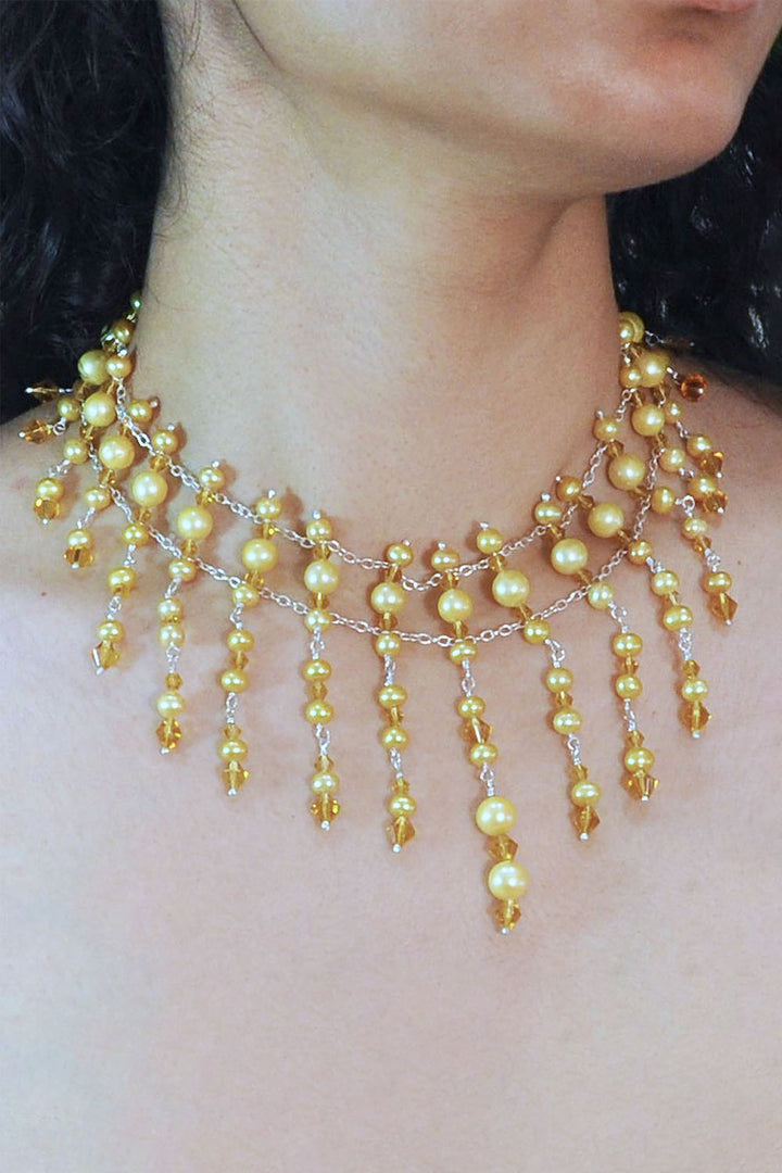 Sivalya Radiance Gold Pearls and Crystals Choker Necklace in Sterling Silver