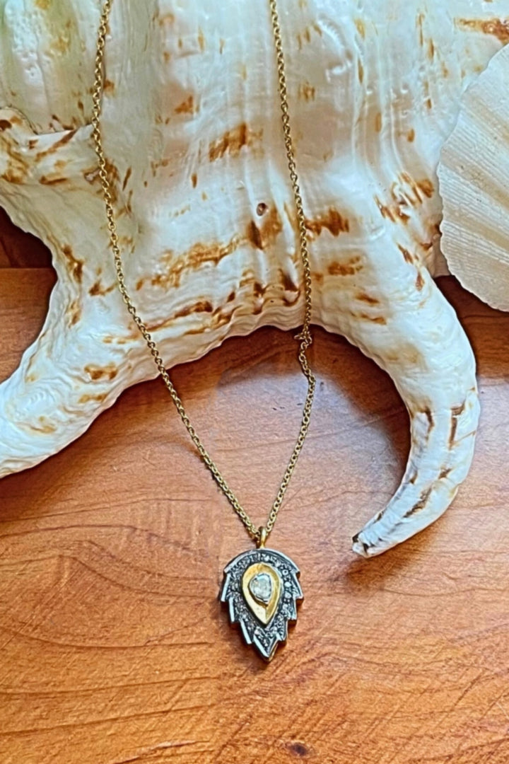 Radiant Glow Feather Gold Pendant Necklace with Diamonds | Sivalya