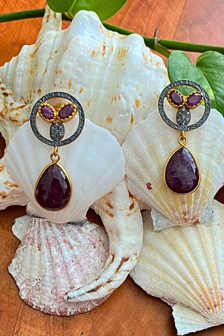 Raw Ruby Slice and Diamond Gold Dangle Earrings | Sivalya